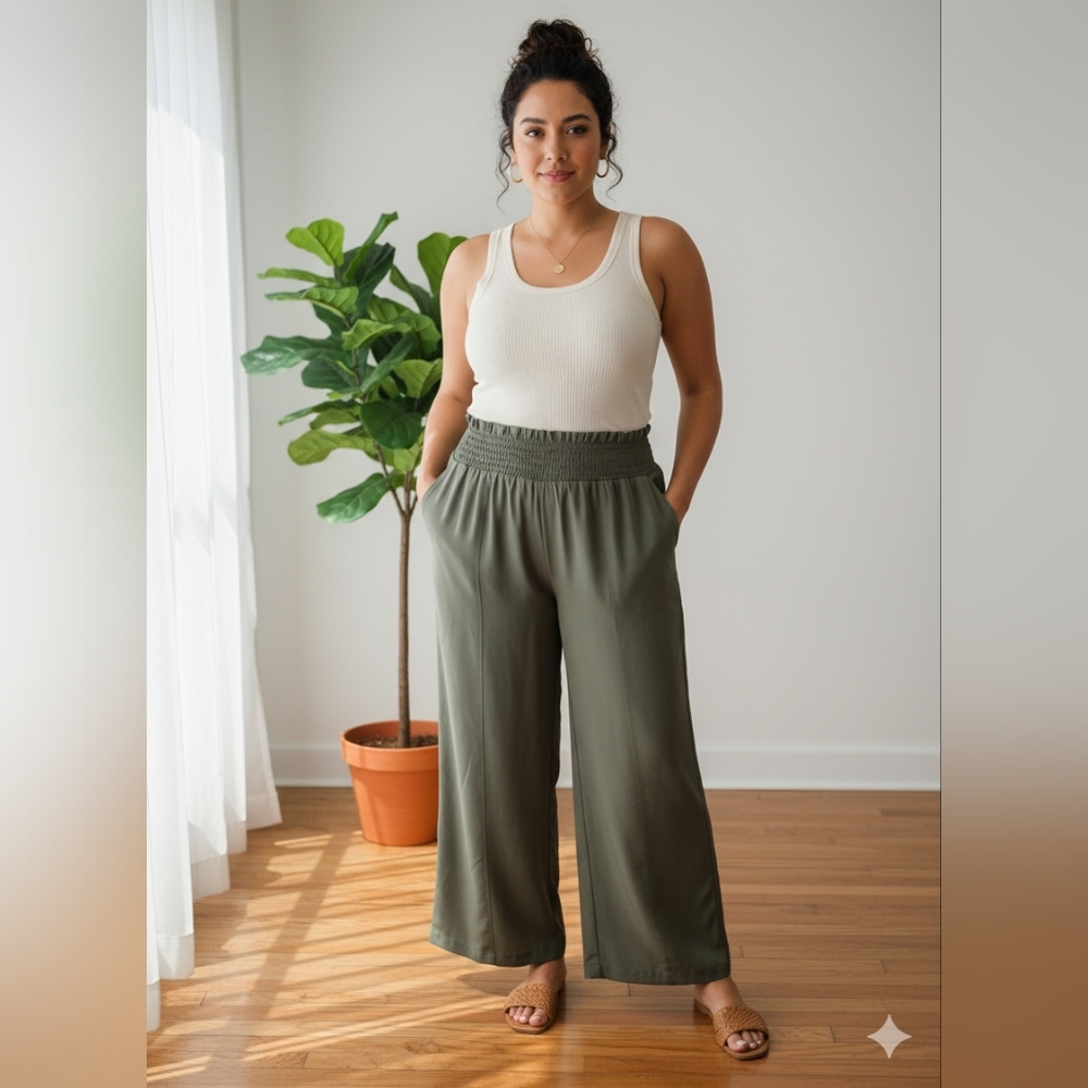 NWT Cato Plus 18/20W Sea Grass Smocked High Rise Wide Leg Palazzo Pants